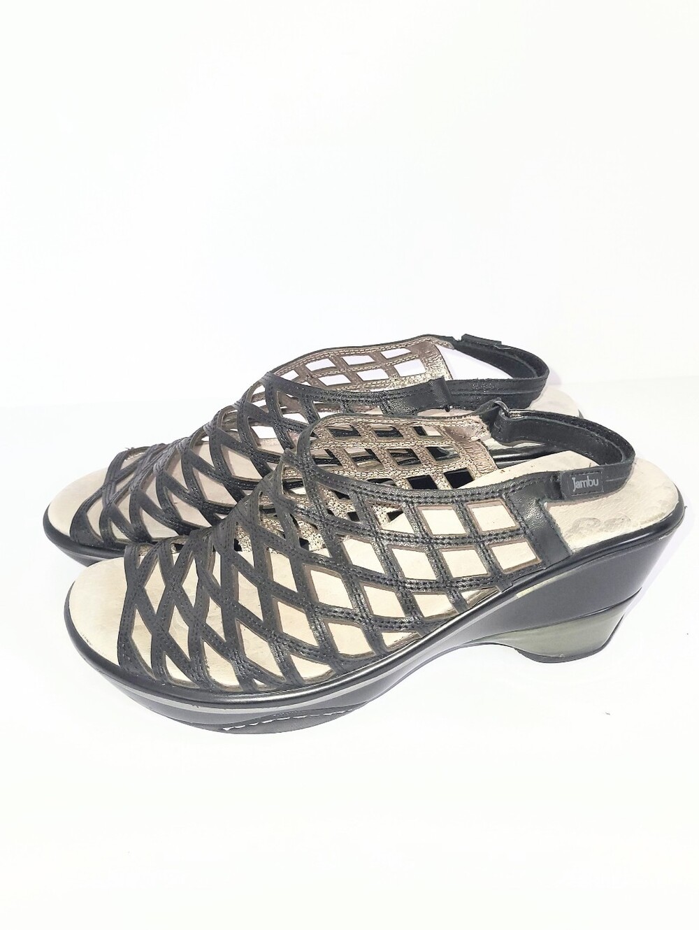 Jambu Black Leather Lattice Slingback Wedge Sandals Caged Orthopedic Size 8